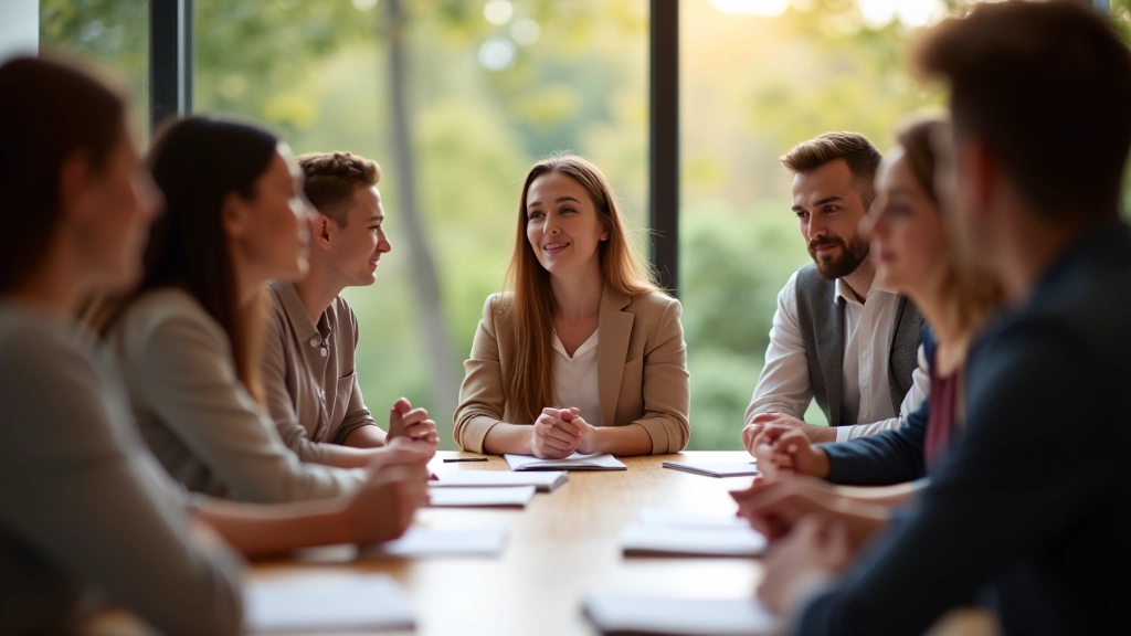 Groep professionals reflecteert samen, diverse deelnemers in workshop, open discussie sfeer met notitieblokken