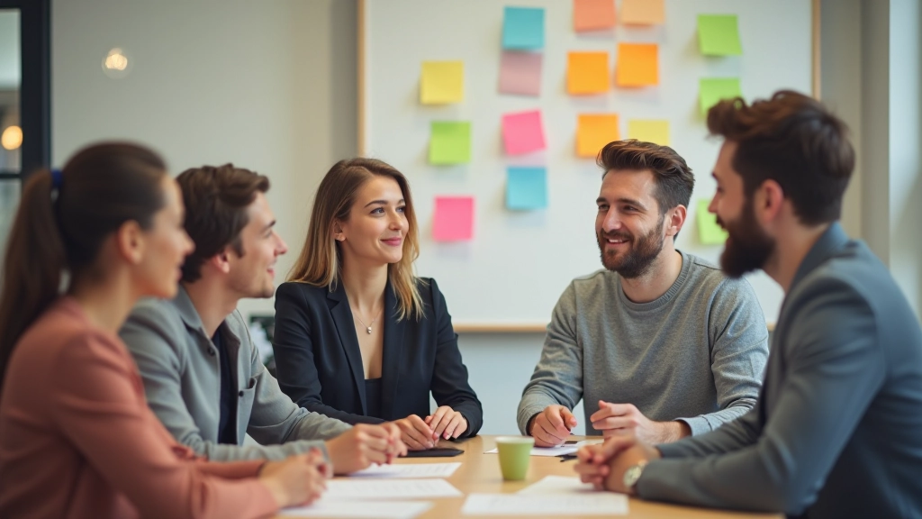 Teamleden in brainstorm sessie, actief deelnemend en energiek