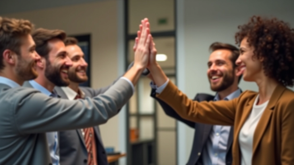 Teamleden geven elkaar high-five, vieren gezamenlijk succes, inclusieve werkplek, enthousiast moment