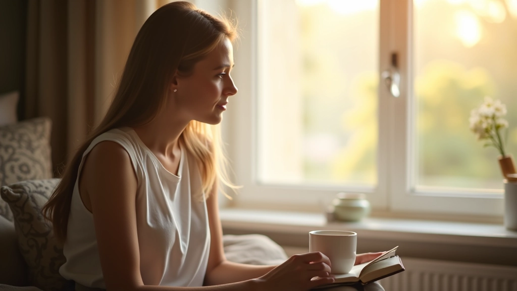 Ochtendscène met persoon en kopje thee bij raam, dagboek open op schoot, zonnig interieur, rustig moment