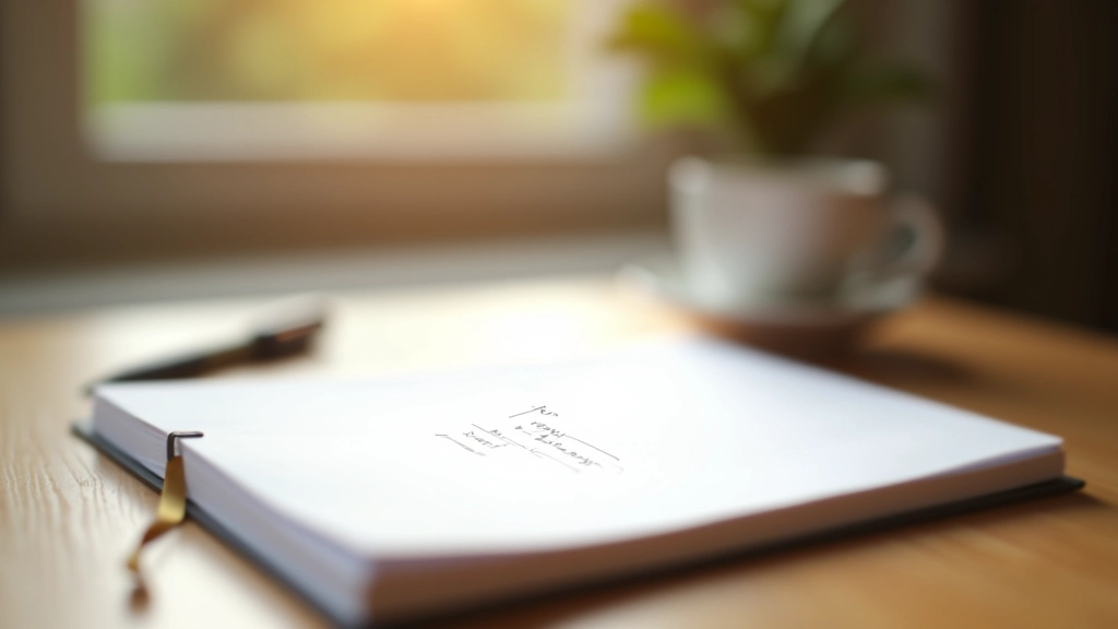 Notitieboek met gedachten uitgeschreven, pen en kopje koffie op bureau, reflectieve werkruimte, ochtendlicht door raam