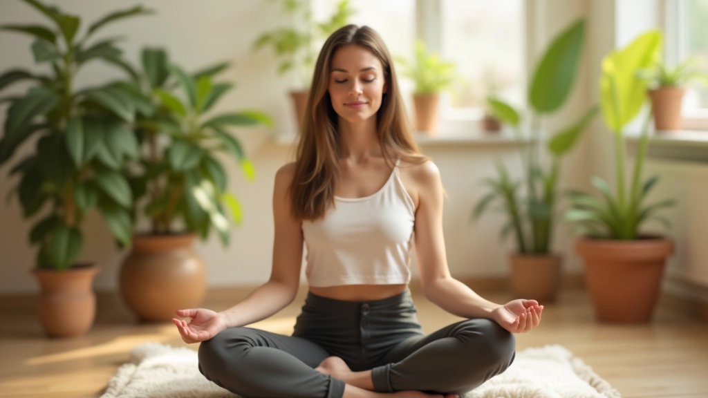 Persoon in meditatie-houding, serene omgeving met kaarsen en planten, zachte natuurlijke verlichting, kalm gezicht