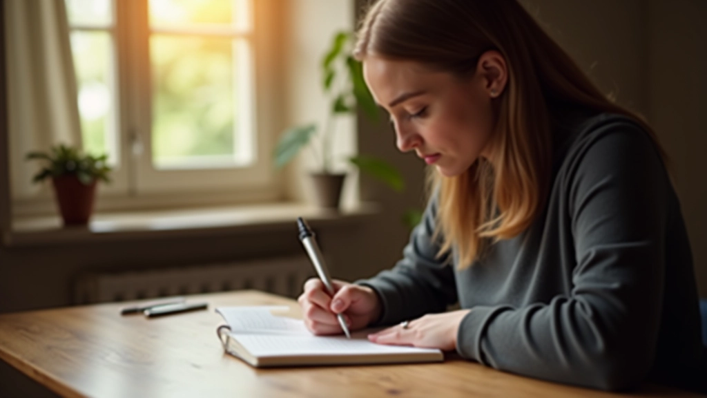 Persoon schrijft in dagboek, reflectie en zelfonderzoek, rustige werkruimte met zachte verlichting