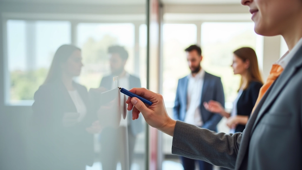 Persoon neemt aantekeningen op whiteboard terwijl teamleden reacties geven