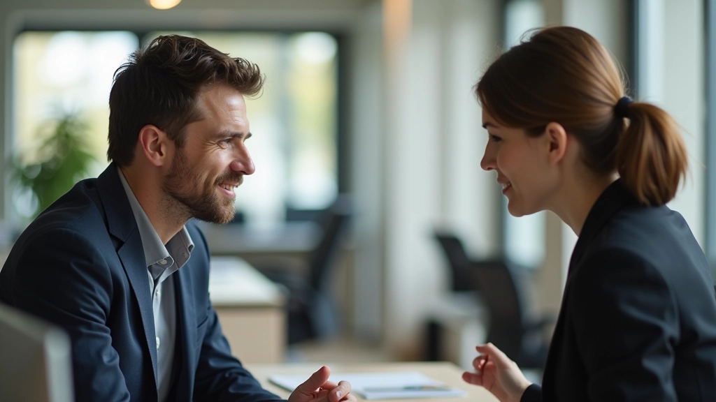 Twee collega's hebben moeilijk gesprek, conflict resolution moment, respectvol dialoog, kantooromgeving