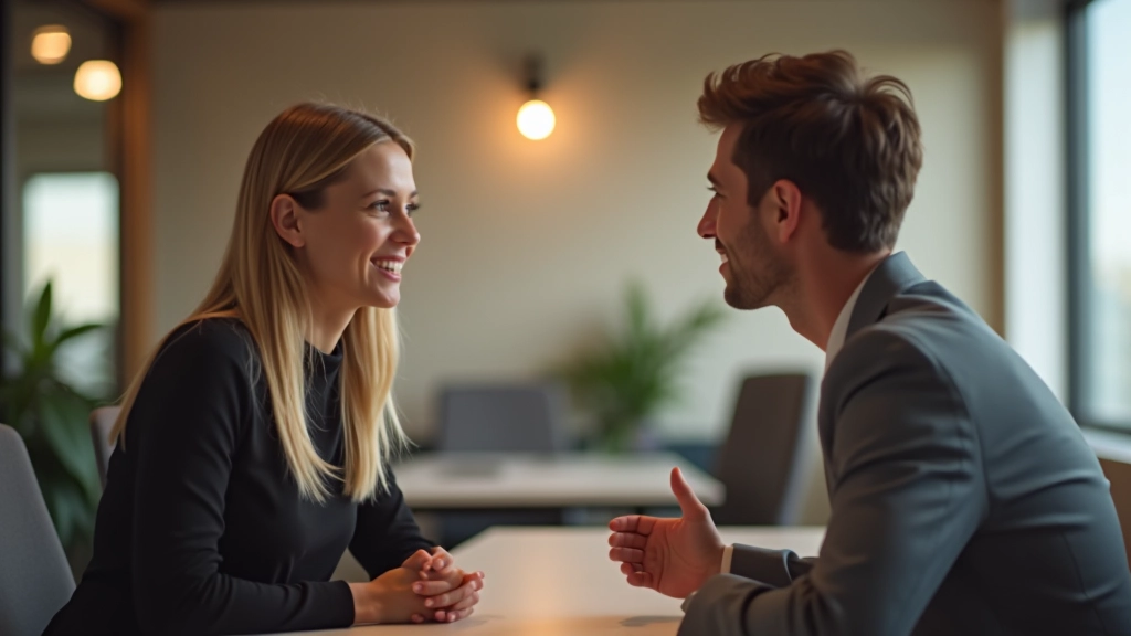 Twee collega's voeren een betekenisvol gesprek, non-verbale communicatie, open lichaamstaal in modern kantoor