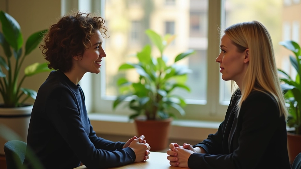Twee professionals in gesprek, lichaamstaal toont wederzijds begrip en vertrouwen