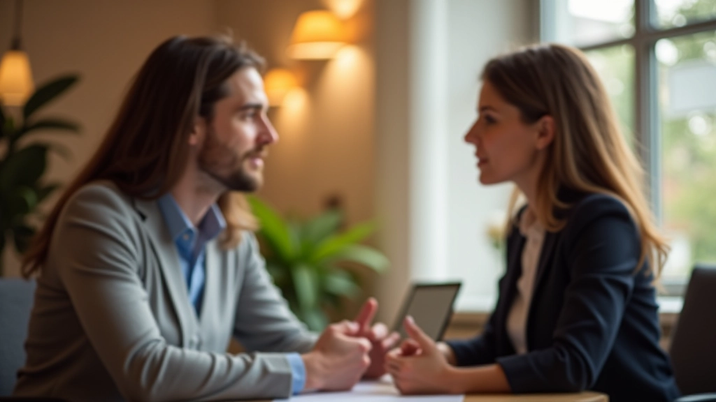 Twee personen voeren diep gesprek, actief luisteren en oogcontact, warm kantooromgeving