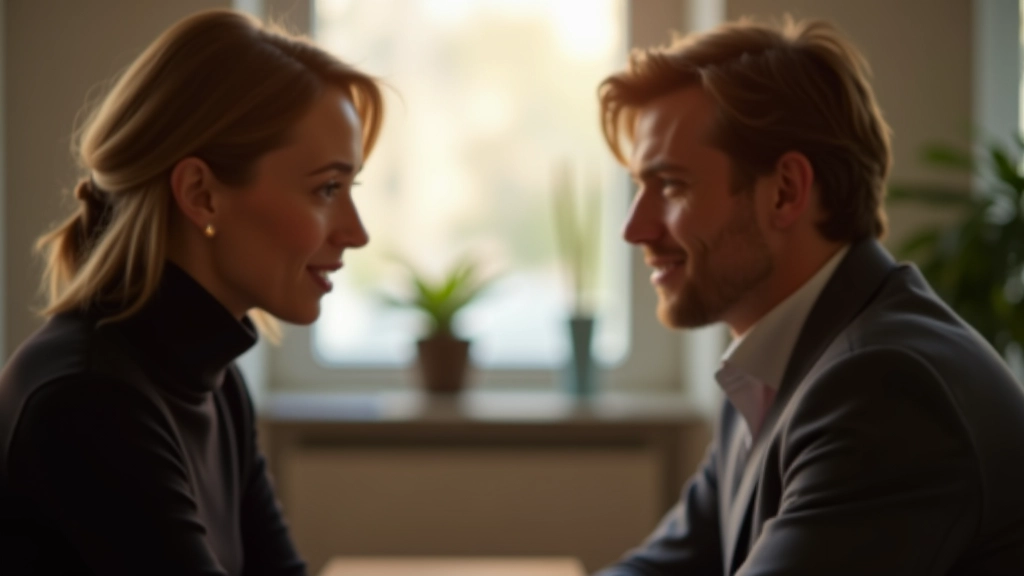 Close-up van twee mensen in gesprek, aandachtige gezichtsuitdrukkingen, rustige kantoor omgeving met warm licht