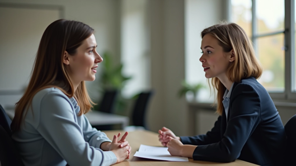 Twee personen in gesprek, actief luisterend, warm kantoorlicht, vertrouwensvolle sfeer