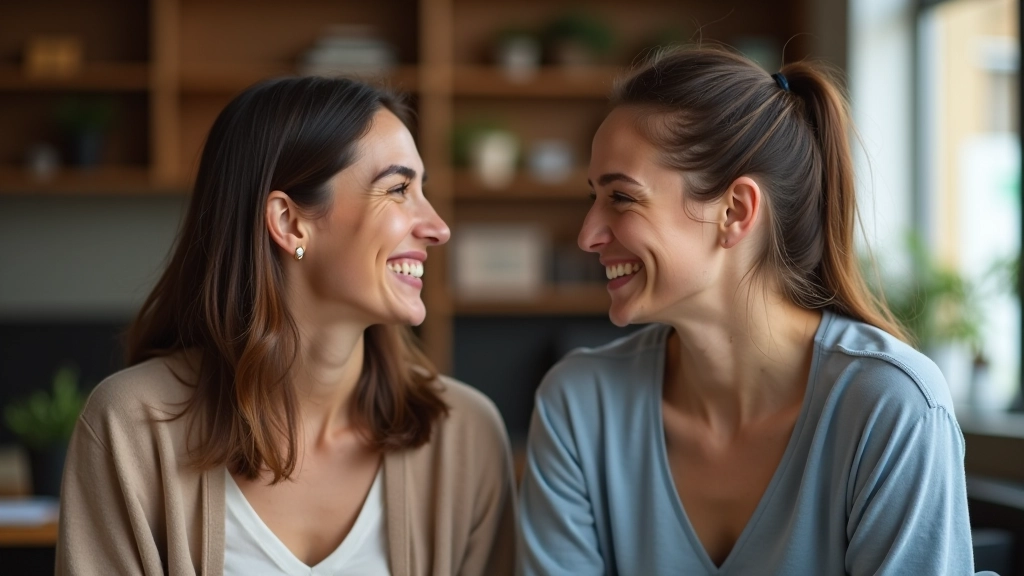 Twee mensen die samen lachen en een echte verbinding hebben, warmte en begrip in hun gezichtsuitdrukkingen